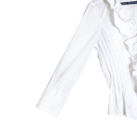 Samuel Dong White Wired Double Ruffled Collar Long Sleeve Zip Front Blouse Top - Picture 5 of 8